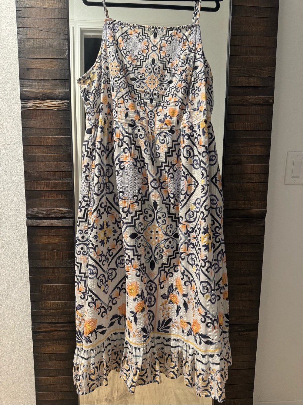 Anthropologie Ivory Maxi Dress with Navy Tile & Yellow Floral Print - Picture 7 of 7